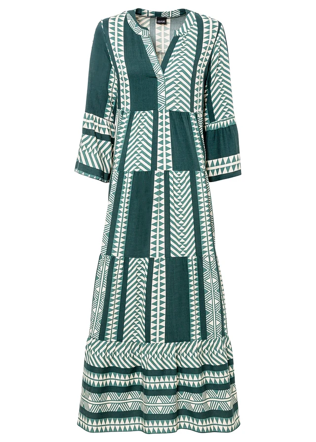 Robe longue en viscose fluide, Couleur: vert pétrole/beige imprimé graphique