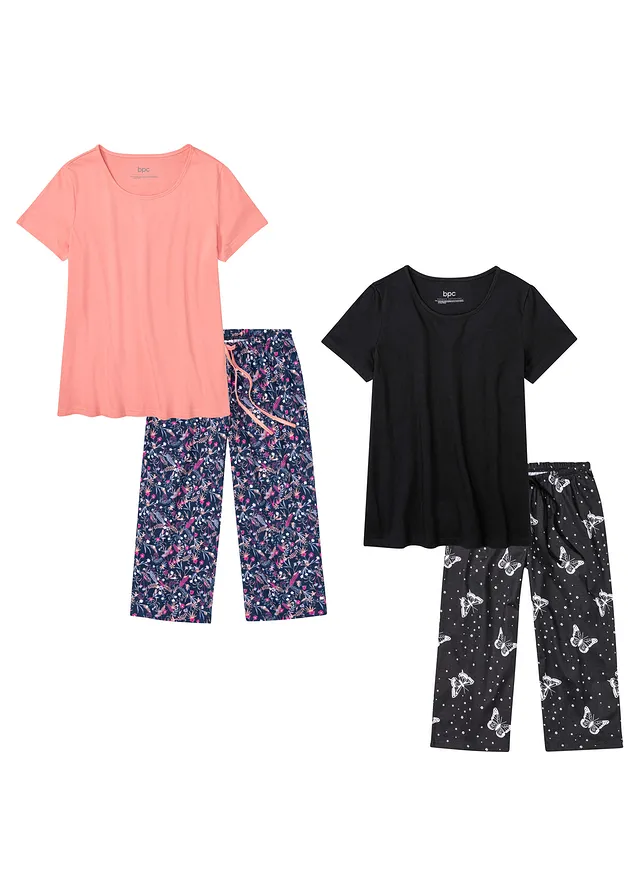 Lot de 2 pyjamas corsaire 100% coton, Couleur: noir imprimé + corail clair floral