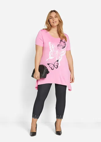 Longshirt met puntige zoom en vlinders, Kleur: flamingopink-wit-zwart