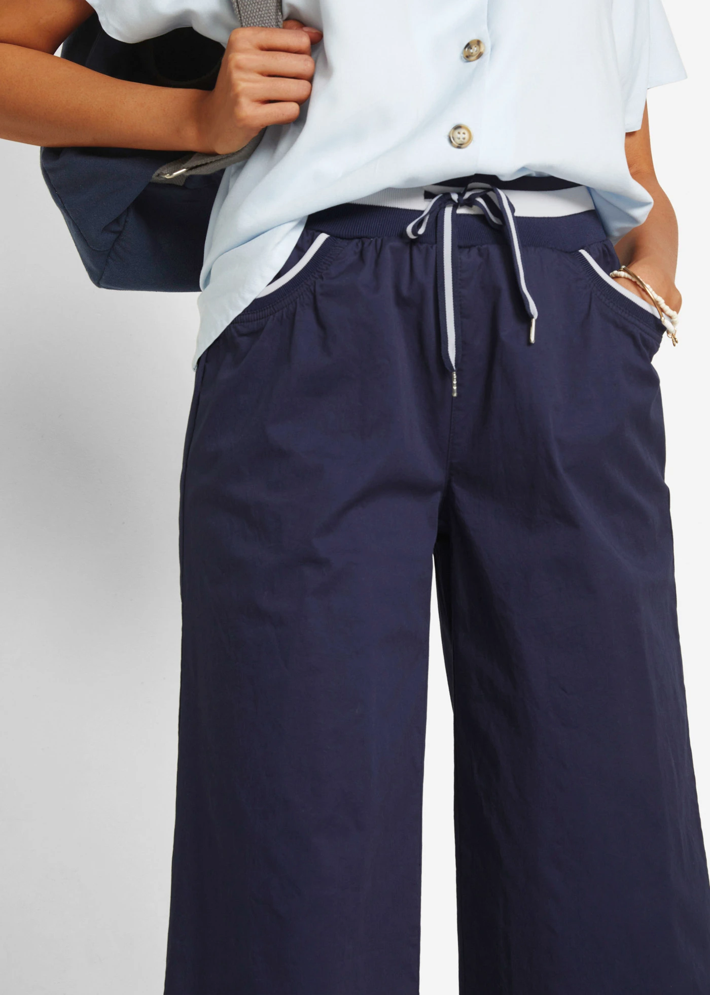 Pantalon large en coton paper touch à taille élastique • bleu foncé • Boutique bonprix