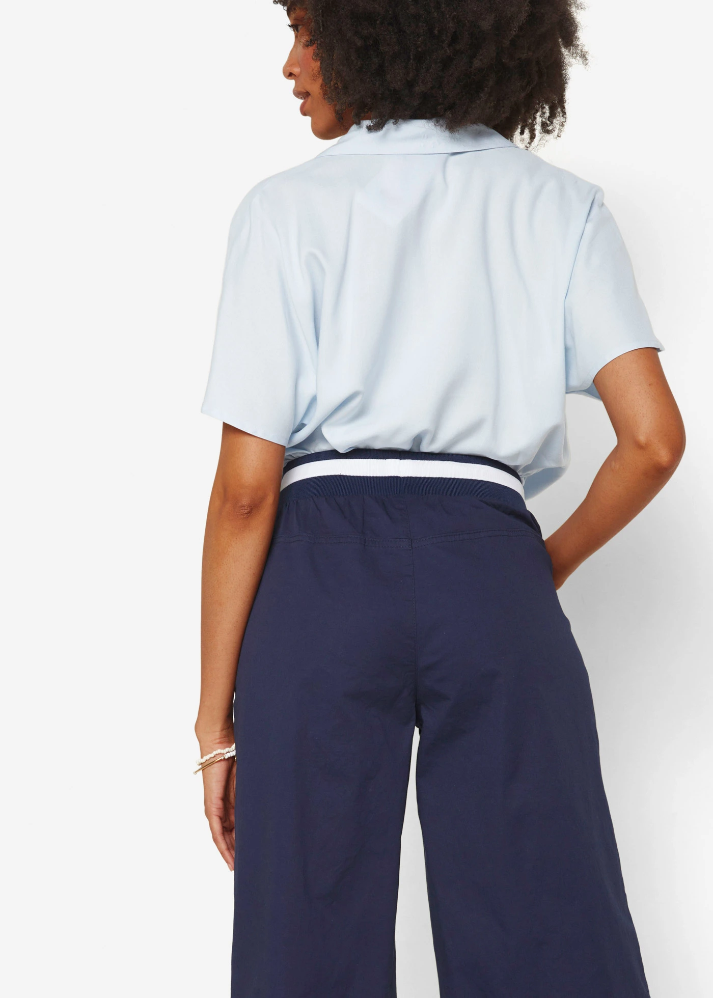 Pantalon large en coton paper touch à taille élastique • bleu foncé • Boutique bonprix