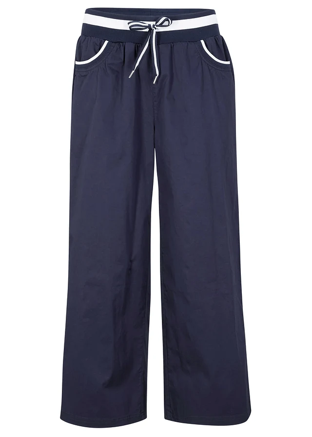 Pantalon large en coton paper touch à taille élastique, Couleur: bleu foncé