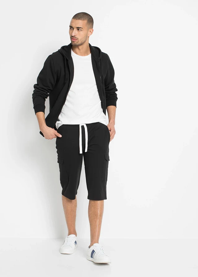 Bermuda cargo en sweat 100% coton, Couleur: noir