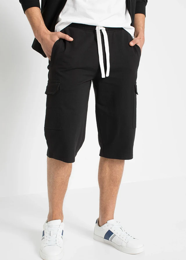 Sweat bermuda van katoen met cargozakken, Kleur: zwart