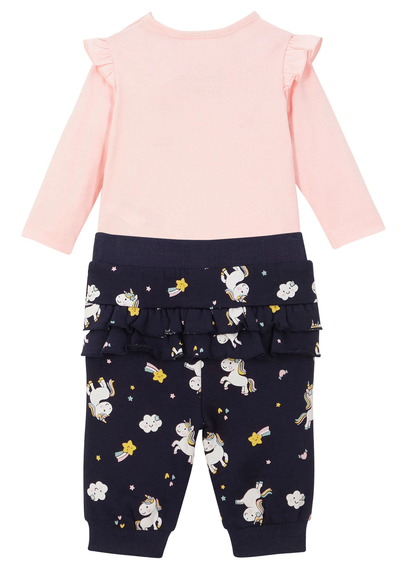 Body manches longues + pantalon sweat bébé (Ens. 2 pces.) coton • rose poudré+bleu foncé imprimé • Boutique bonprix