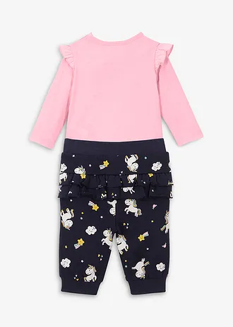 Baby rompertje met lange mouwen en sweatpants (2-dlg. set) van biologisch katoen • roze poudre+donkerblauw met print • bonprix online shop
