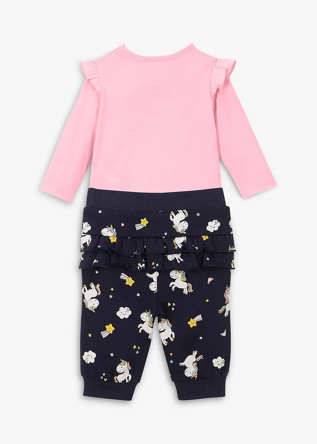 Baby rompertje met lange mouwen en sweatpants (2-dlg. set) van biologisch katoen, Kleur: roze poudre+donkerblauw met print