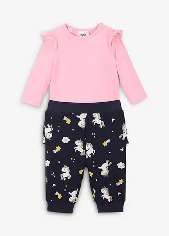 Baby rompertje met lange mouwen en sweatpants (2-dlg. set) van biologisch katoen • roze poudre+donkerblauw met print • bonprix online shop