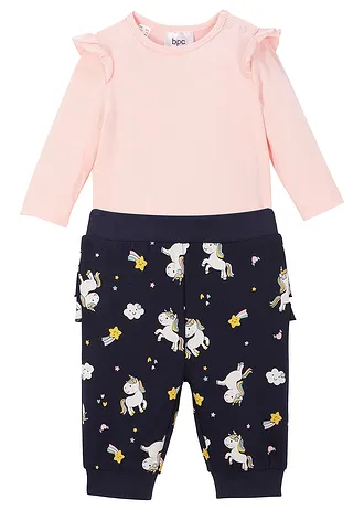 Baby rompertje met lange mouwen en sweatpants (2-dlg. set) van biologisch katoen, Kleur: roze poudre+donkerblauw met print