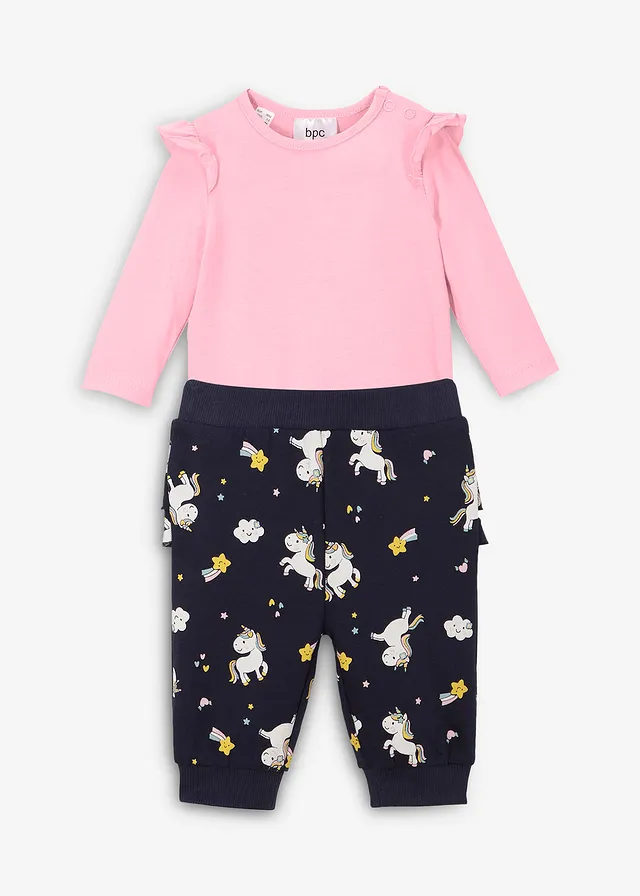 Baby rompertje met lange mouwen en sweatpants (2-dlg. set) van biologisch katoen • roze poudre+donkerblauw met print • bonprix online shop