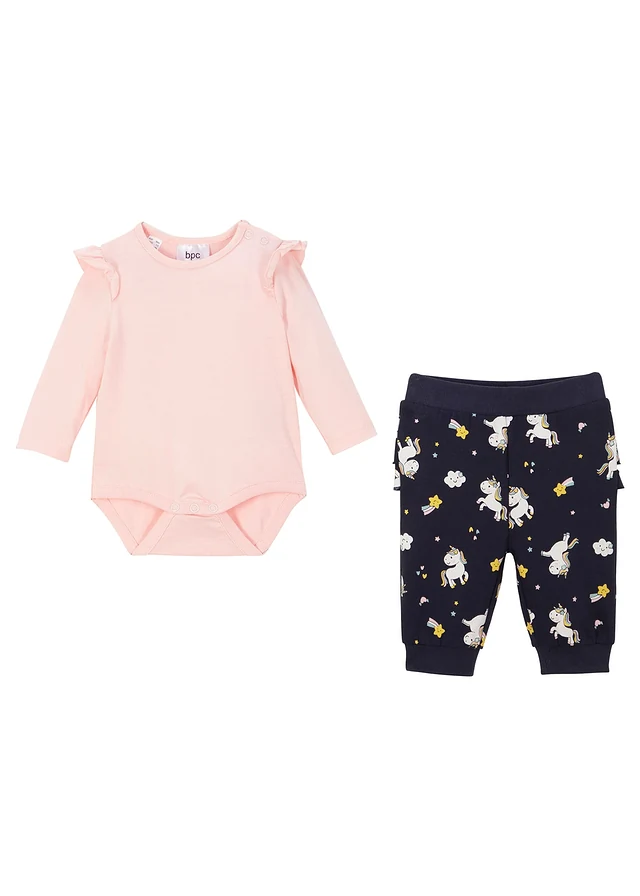 Baby rompertje met lange mouwen en sweatpants (2-dlg. set) van biologisch katoen, Kleur: roze poudre+donkerblauw met print