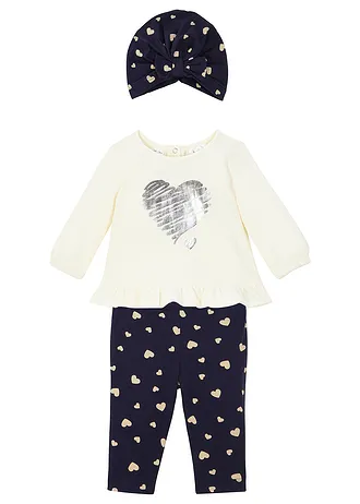 Baby shirt, legging en muts (3-dlg. set) van biologisch katoen • wolwit-donkerblauw gedessineerd • bonprix online shop