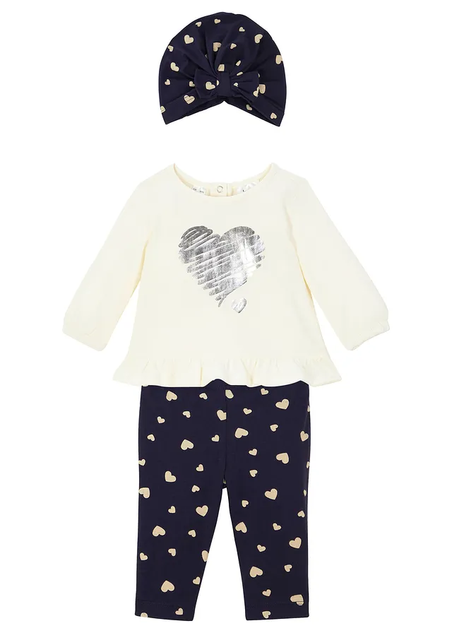 T-shirt + legging + bonnet bébé (Ens. 3 pces.) coton • blanc cassé-bleu foncé imprimé • Boutique bonprix