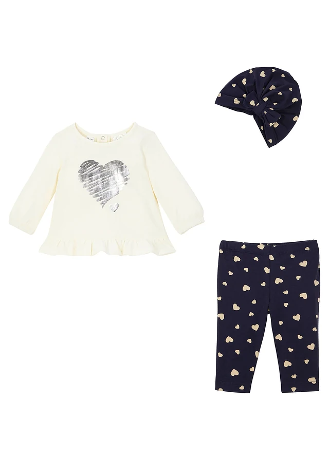 Baby shirt, legging en muts (3-dlg. set) van biologisch katoen, Kleur: wolwit-donkerblauw gedessineerd