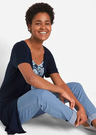 Bluză 2 în1 cu imprimeu și decolteu rotund • bleumarin paisley • magazin bonprix