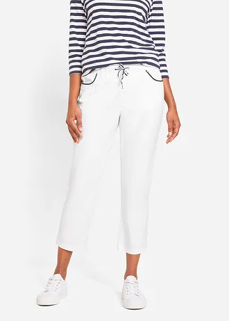 Pantalon 7/8 taille élastiquée en coton Paper Touch, Couleur: blanc/bleu foncé