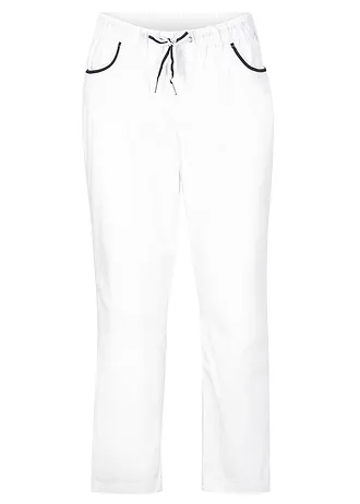 Pantalon 7/8 taille élastiquée en coton Paper Touch, Couleur: blanc/bleu foncé