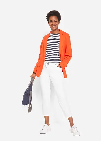 Pantalon 7/8 taille élastiquée en coton Paper Touch, Couleur: blanc/bleu foncé