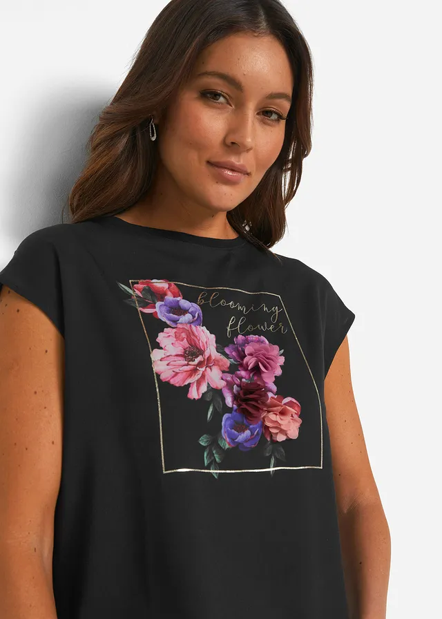 Shirt met geweven inzet en applicatie • zwart gebloemd • bonprix online shop