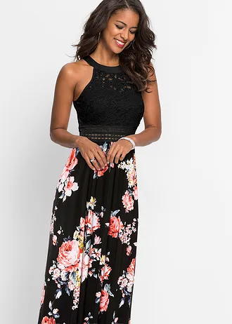 Robe longue à imprimé floral et dentelle • noir-rose floral • Boutique bonprix