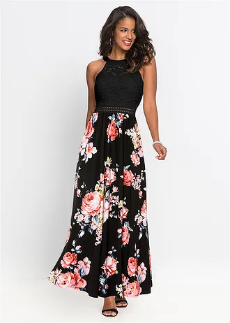 Robe longue avec imprimé floral et empiècement dentelle • noir-rose floral • Boutique bonprix