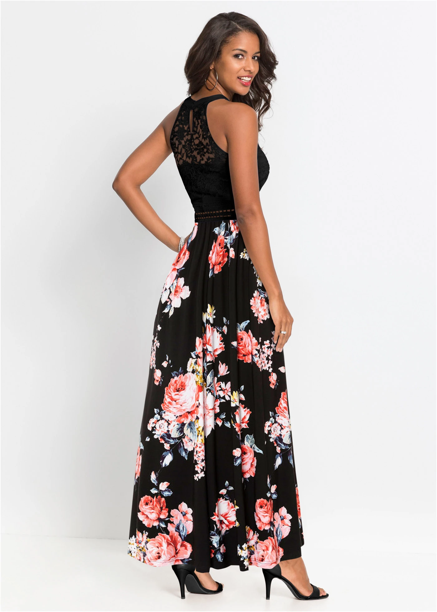Maxi jurk met bloemenprint en kant • zwart-roze gebloemd • bonprix online shop