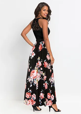 Maxi jurk met bloemenprint en kant • zwart-roze gebloemd • bonprix online shop