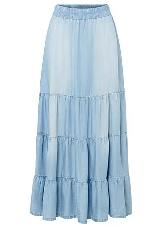 Długa spódnica z falban • jasnoniebieski denim • sklep bonprix