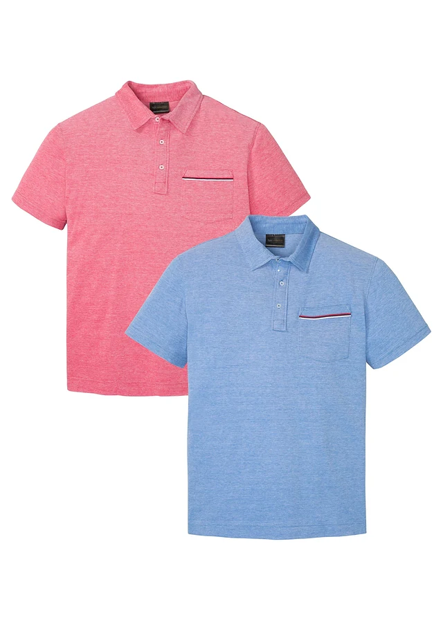 Lot de 2 polos en maille piquée, 100% coton, Couleur: rouge + bleu azur chiné