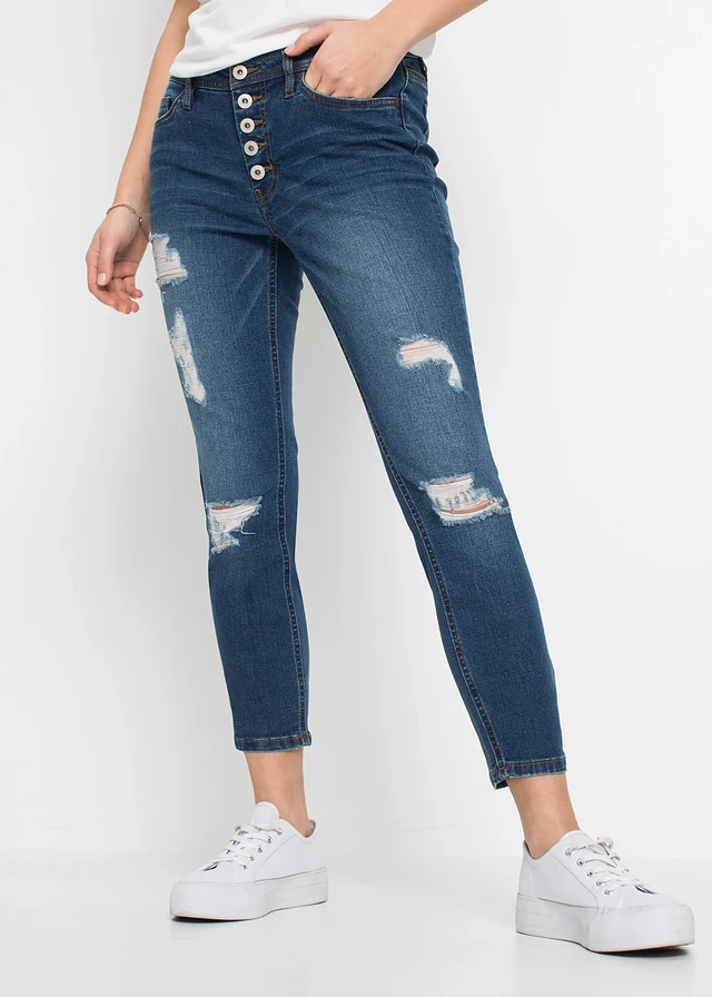 Cropped destroyed jeans, Kleur: blauw denim