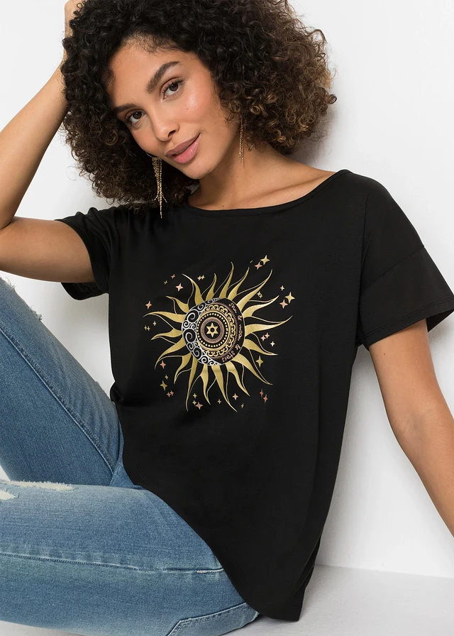 Shirt met metallic print, Kleur: zwart met print