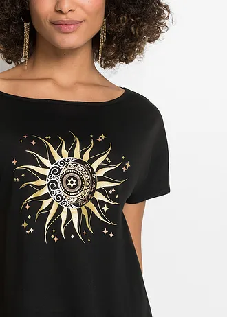 Triko s průstřihem • černá s potiskem • bonprix obchod