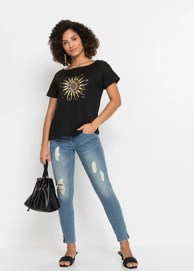 Shirt met metallic print, Kleur: zwart met print