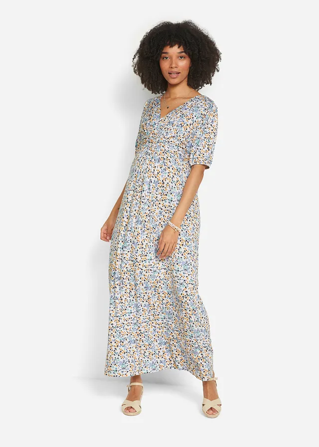 Robe longue de grossesse et d'allaitement en jersey, Couleur: bleu brume à fleurs