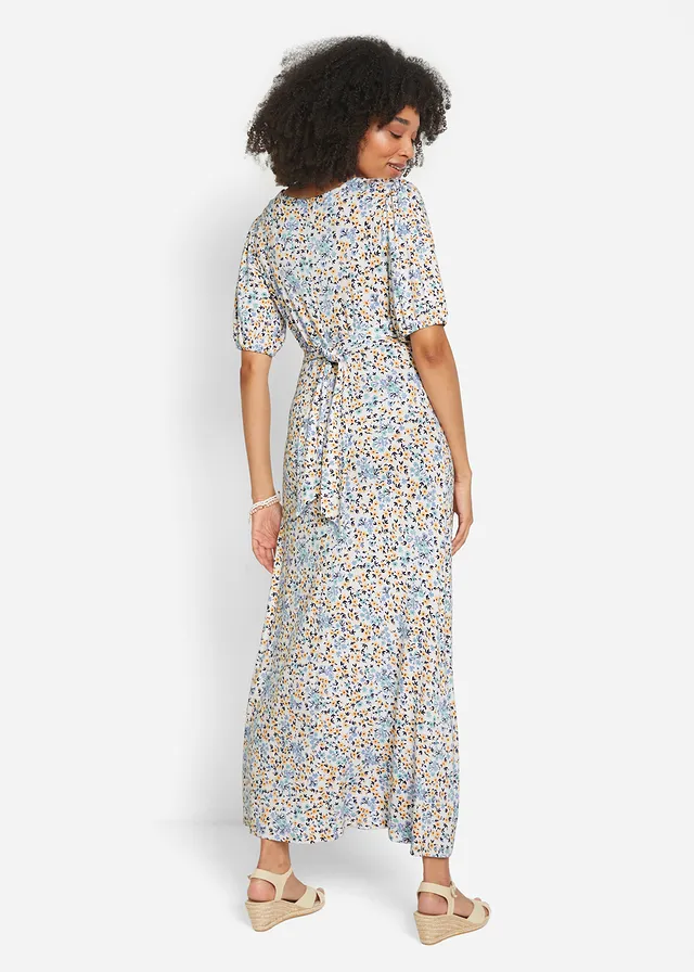 Robe longue de grossesse et d'allaitement en jersey, Couleur: bleu brume à fleurs