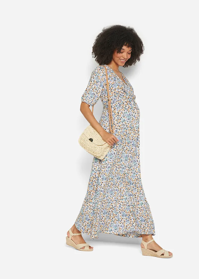 Robe longue de grossesse et d'allaitement en jersey, Couleur: bleu brume à fleurs