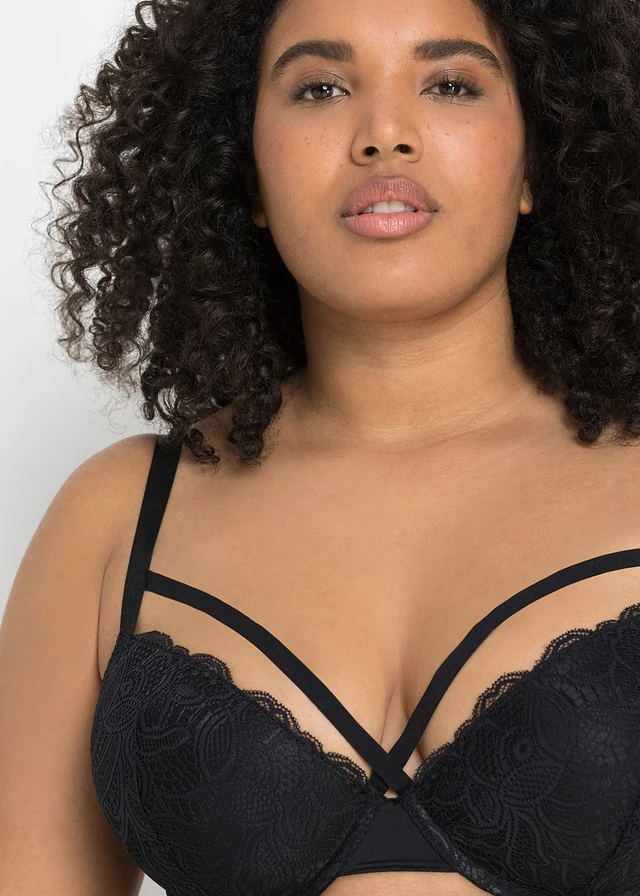 Voorgevormde bh met elegant kant, Kleur: zwart