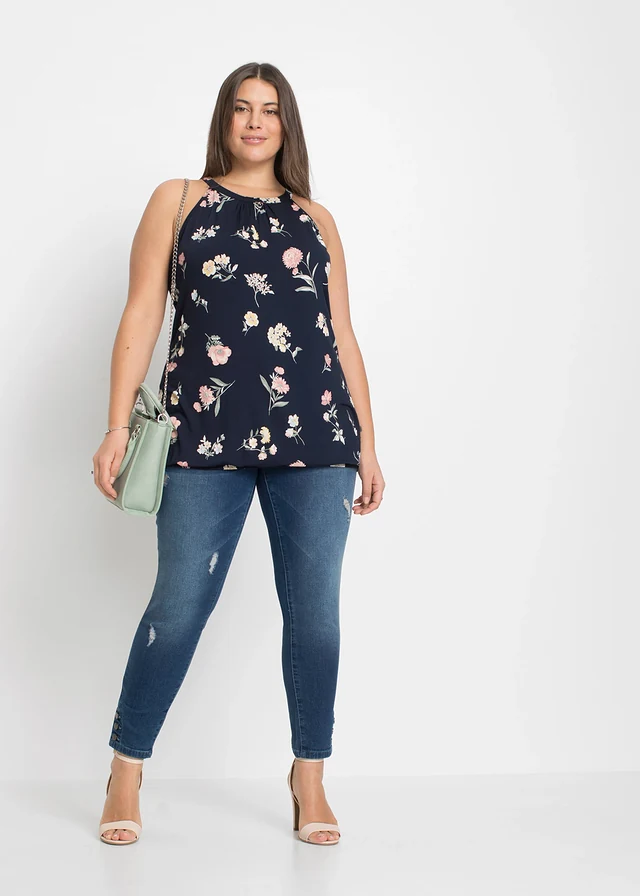 Gedessineerde top  met viscose, Kleur: blauw gebloemd
