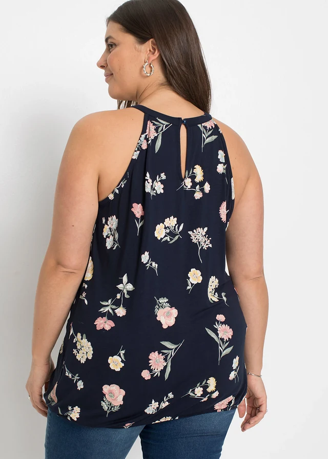 Gedessineerde top  met viscose, Kleur: blauw gebloemd