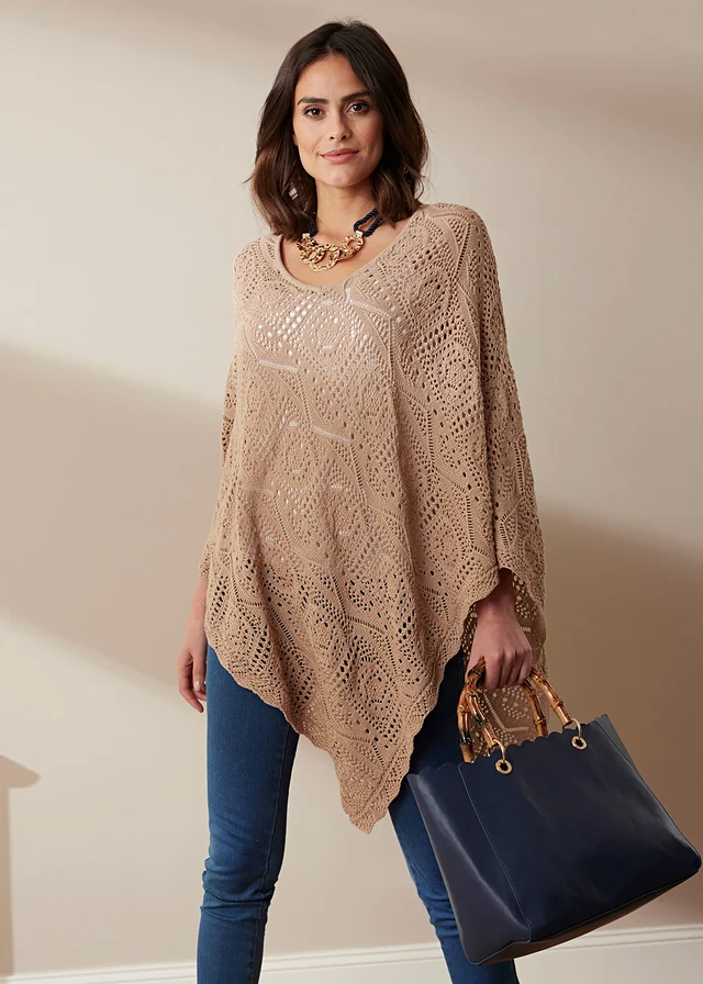 Poncho in gehaakte look, Kleur: amandelbeige