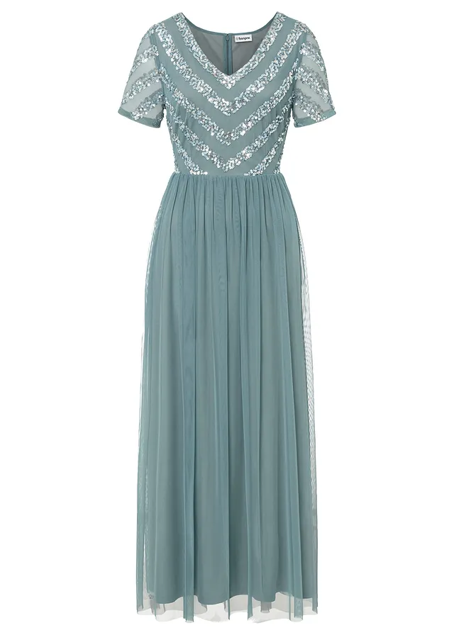 Robe longue brodée de sequins, Couleur: pétrole fumé