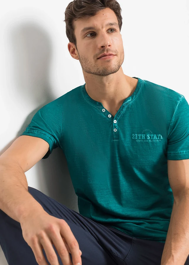 T-shirt col tunisien, aspect délavé, 100% coton • turquoise cobalt imprimé • product-page.page-title-suffix