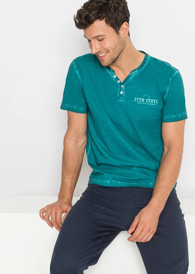 T-shirt col tunisien, aspect délavé, 100% coton, Couleur: turquoise cobalt imprimé