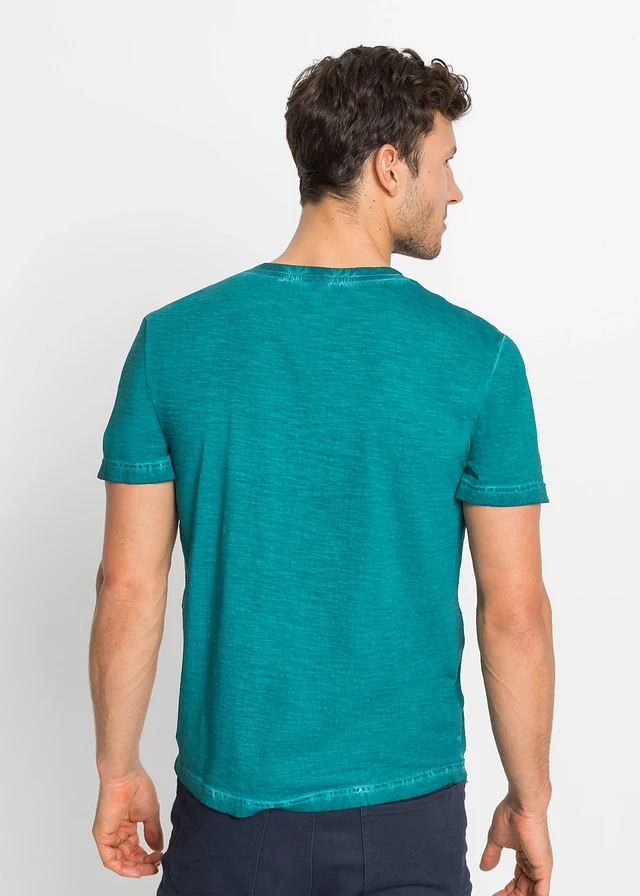 T-shirt col tunisien, aspect délavé, 100% coton, Couleur: turquoise cobalt imprimé