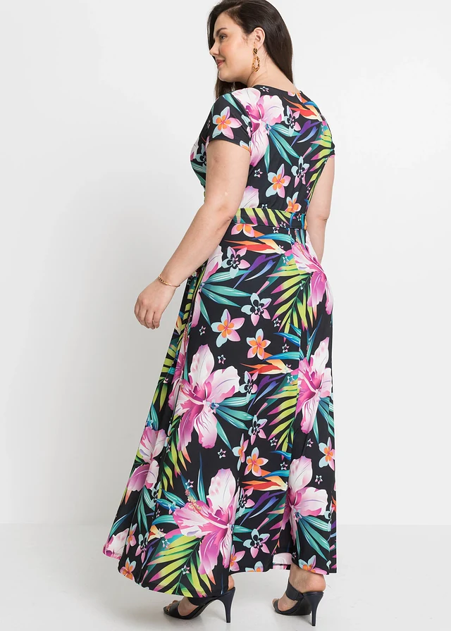 Maxi jurk in wikkellook, Kleur: zwart-groen-pink gebloemd