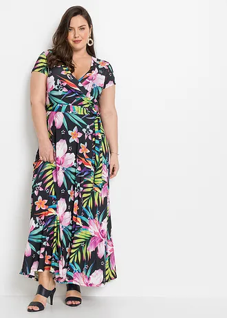 Maxi jurk in wikkellook, Kleur: zwart-groen-pink gebloemd