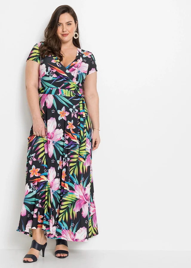 Maxi jurk in wikkellook, Kleur: zwart-groen-pink gebloemd