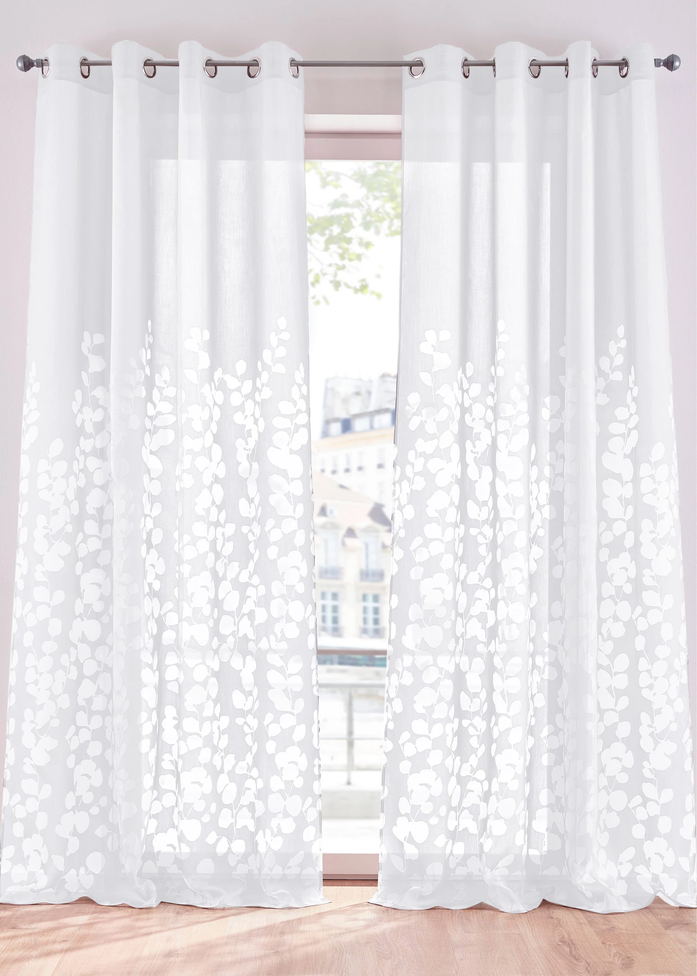 Voilage en dévoré avec feuilles (1 pce) • blanc floral • Boutique bonprix