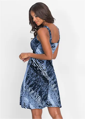 Jersey jurk in A-lijn, Kleur: blauw-wit gedessineerd