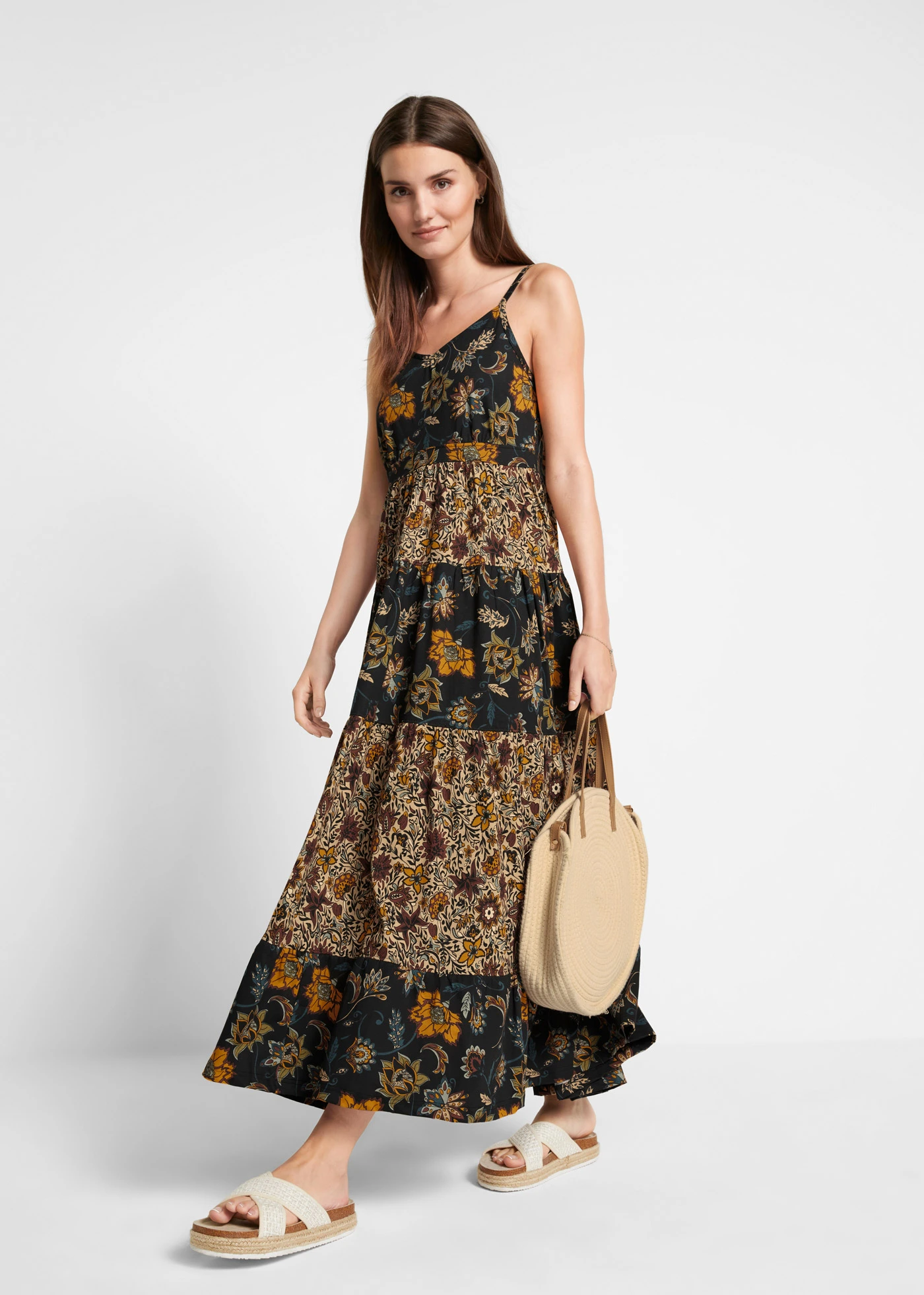 Maxi jurk met volants • zwart gebloemd • bonprix online shop